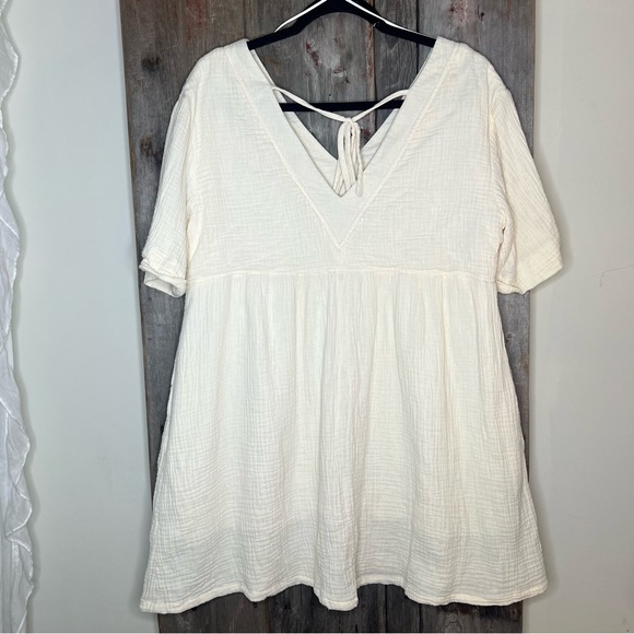 Pink Lily Beach Boho Cream Double Gauze Babydoll Mini Dress w/ Pockets sz L - Picture 4 of 16